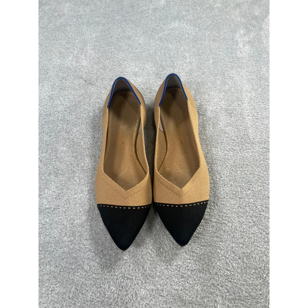 Rothys The Point Camel Cap Toe Tan Black Pointed Toe Flats Womens 8.5
